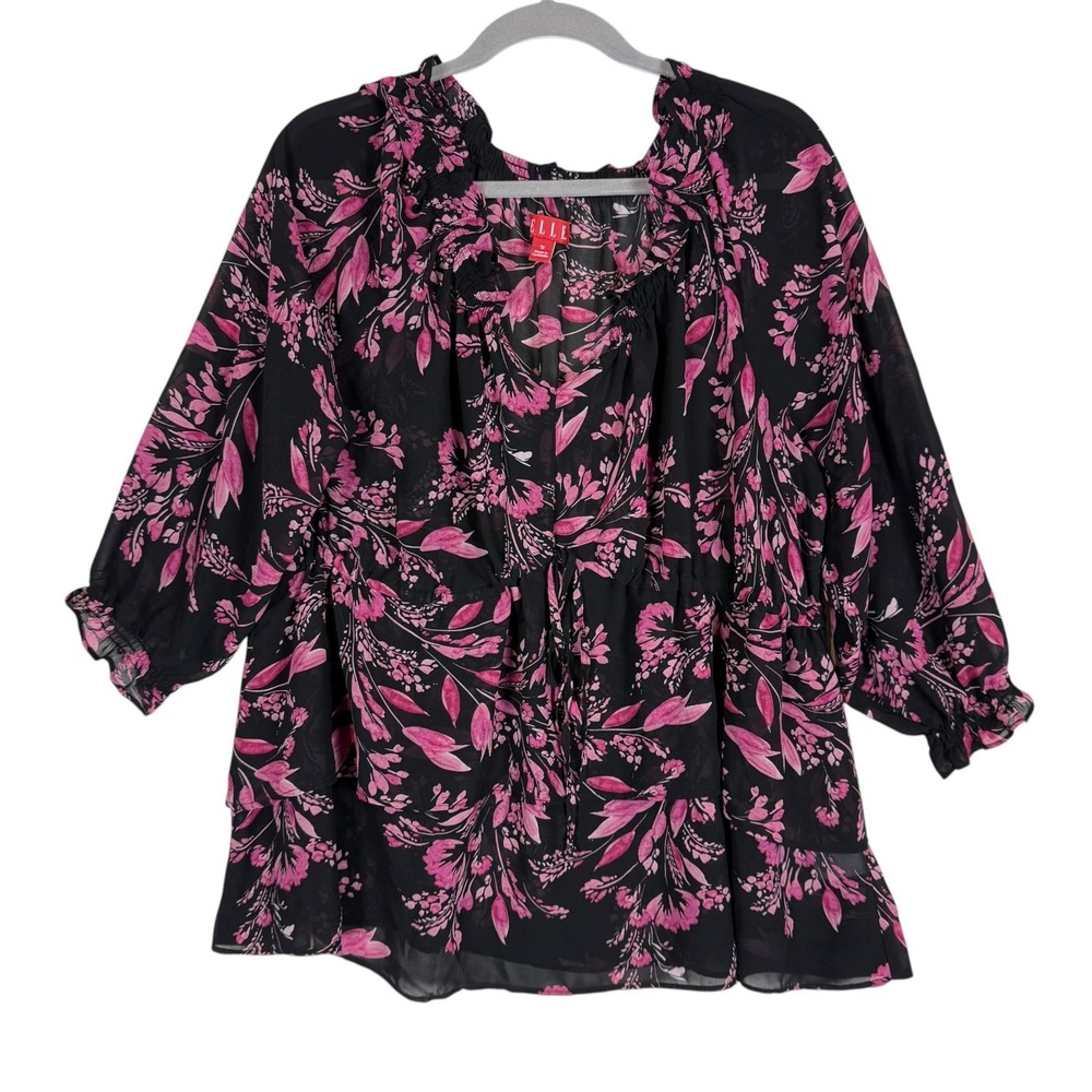 ELLE Blouse Womens 1X Black Pink Floral Ruffle 3/4 Balloon Sleeve Tunic Top